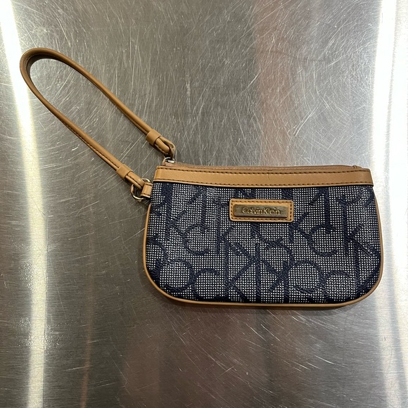 Calvin Klein Handbags - Calvin Klein Blue and Tan Logo Wristlet